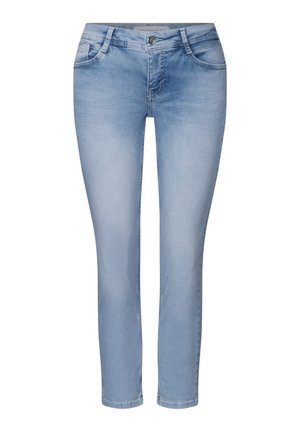 Lys blå denim jeans med en tapered ben, fem lommer og lukning med knap fortil. Har en falmet vask og subtile syninger.