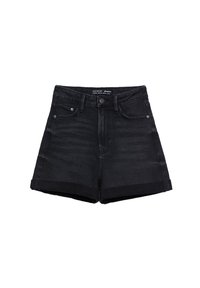 Shorts en denim noir à taille haute, ourlet retroussé, poches avant et fermeture à bouton. Présente une texture légèrement décolorée.