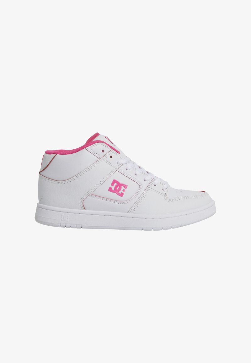 White leather high-top sneaker with pink accents, lace-up closure, padded collar, and rubber sole. Logo displayed on side.