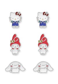 Set di quattro spilloni smaltati: due riportano un personaggio gatto in blu e due mostrano un personaggio coniglio con accenti rossi, tutti con hardware in argento.