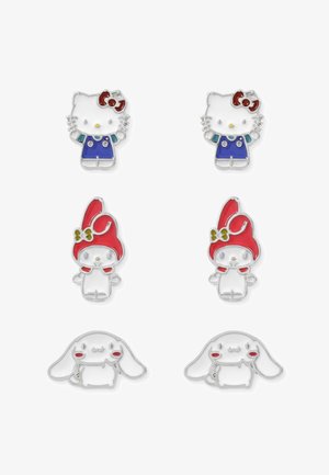 Set van vier emaille pins: twee met een kattenfiguur in blauw en twee met een konijnenfiguur met rode accenten, allemaal met zilveren hardware.