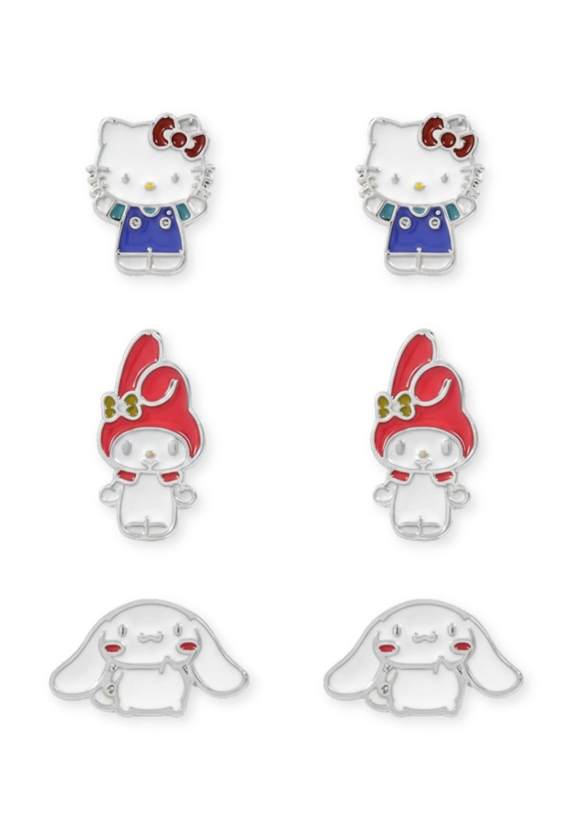 Set di quattro spilloni smaltati: due riportano un personaggio gatto in blu e due mostrano un personaggio coniglio con accenti rossi, tutti con hardware in argento.