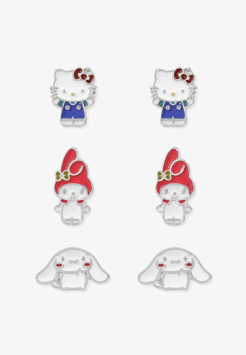 Set di quattro spilloni smaltati: due riportano un personaggio gatto in blu e due mostrano un personaggio coniglio con accenti rossi, tutti con hardware in argento.