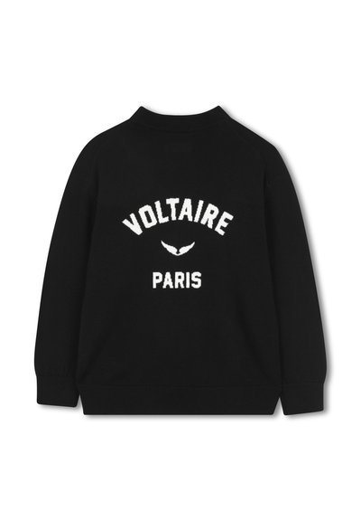 Fekete pulóver, amelyen fehér szöveggel szerepel a "VOLTAIRE" és a "PARIS", valamint egy szárny logo. Bordázott mandzsetták és alj, puha kötött textúra.