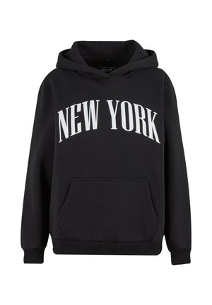 Črna kapuca s kenguru žepom, z napisom "NEW YORK" v velikih belih velikih črkah čez prsni del. Mehka tkanina in rebrasti manšeti.