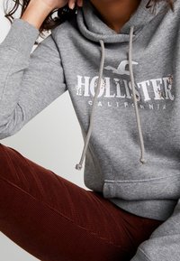 Felpa grigia con cappuccio e cordoncino, con la scritta "HOLLISTER" e motivi floreali. Abbinata a leggings testurizzati di colore ruggine.