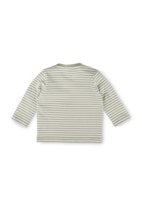 Hellgraues Langarmshirt mit dünnen weißen Streifen, einem runden Ausschnitt und weichem Baumwollmaterial. Keine sichtbaren Muster oder Verzierungen.