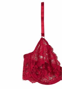 Röd spetsbehå med blommönster, genomskinlig textur, justerbara satinband och vågiga kanter för ett ömtåligt utseende.