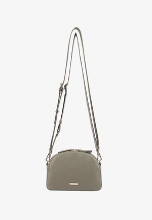 Grey textured leather crossbody bag with adjustable strap, zip closure, and small rectangular metal brand plaque on the front.
