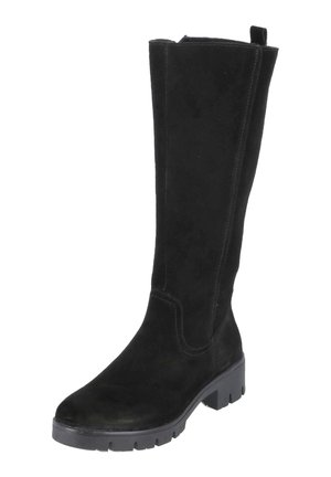 Zwarte kniehoge suède laars met stevige rubberen zool en een vierkante neus, met stiksels aan de zijkant en een trekband aan de achterkant.