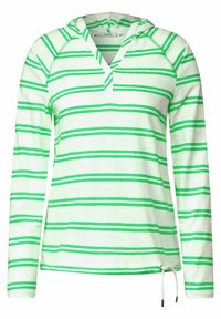 Hoodie z długim rękawem i dekoltem w kształcie litery V, zdobiony poziomymi zielonymi paskami na białym tle, z kapturem na sznurki i miękką teksturą materiału.