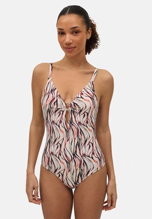Traje de baño de una pieza con escote en V, corte en forma de llave en el busto y un patrón ondulado multicolor en rosa, blanco y tonos oscuros.