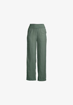 Pantalons en lin vert à jambes larges avec taille élastique et poches plaquées à l'avant, conçus pour le confort et le port décontracté.