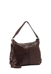 Borsa in pelle marrone scuro con una singola tracolla e una tracolla lunga regolabile, esposta su sfondo bianco.