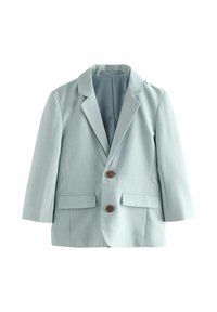 Svetlo sivi blazer z dvema rjavima gumboma, z zarezi ovratnika, dolgimi rokavi in sprednjimi žepki z zavesicami, prikazan na belem ozadju.