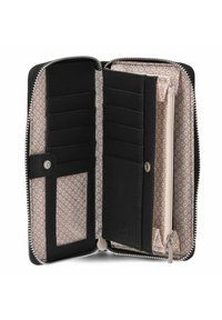Portafoglio in pelle nera con chiusura a zip, numerosi scomparti per carte e una tasca con zip. L'interno presenta un rivestimento foderato con un motivo rosa.