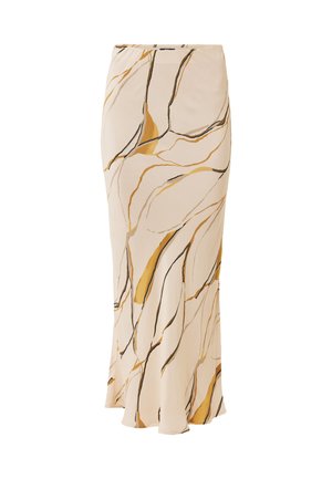 Maxi spódnica w beżowym materiale z abstrakcyjnymi złotymi i czarnymi liniami, z dopasowanym pasem i zwiewną sylwetką. Gładka faktura.