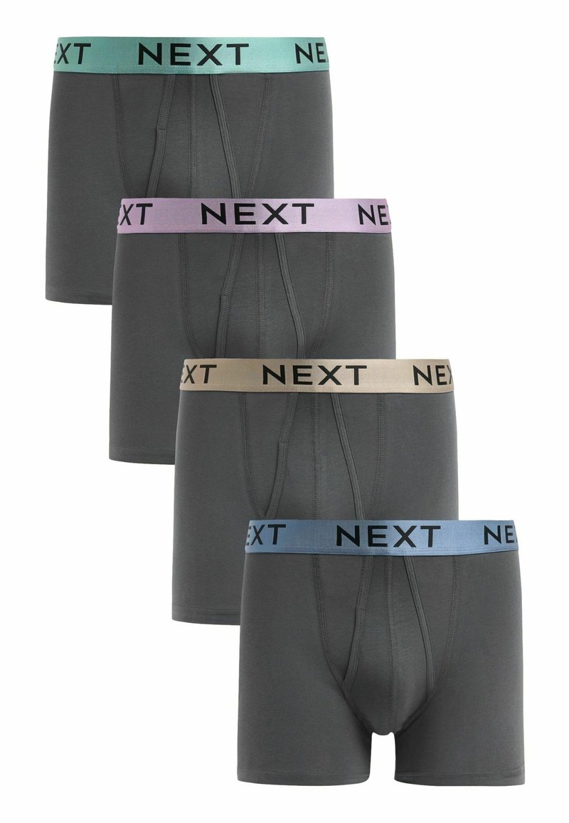 Keturi poros pilkų trikampių šortų su elastinga juostele mėlynos, rožinės, smėlio ir žalsvai mėlynos spalvos, su "NEXT" logotipu kiekvienoje juostelėje.