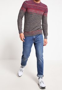 Strickpullover mit roten und blauen Mustern, grauem Grund, kombiniert mit hellblauen Jeans und weißen Sneakers. Enganliegend, mit gerippten Bündchen.