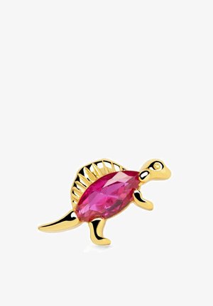 Broche dinosaure en tons dorés avec un grand corps en pierre précieuse rose, des accents de colonne vertébrale détaillés et de petits yeux noirs.