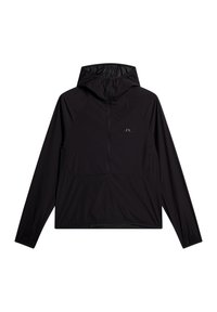 Svart lättviktig jacka med huva, halvdragkedja, raglanärmar, elastiska ärmslut och en diskret logga på bröstet. Slätt, vattenavvisande tyg.