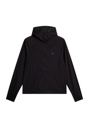 Sort letvægts hættejakke med halv-lynlås, raglanærmer, elastiske manchetter og et diskret logo på brystet. Glat, vandafvisende stof.