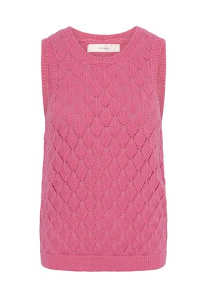 Rozā bezpiedurkņu adīts veste ar dimanta formas pinuma rakstu un ribaina apkakli un apakšu.