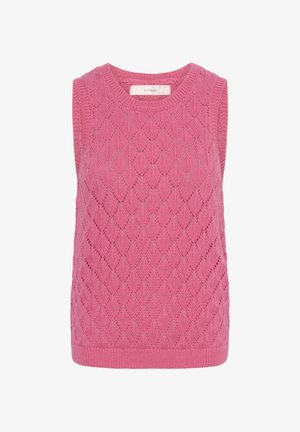 Rozā bezpiedurkņu adīts veste ar dimanta formas pinuma rakstu un ribaina apkakli un apakšu.