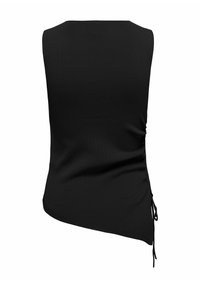 Top noir sans manches avec un ourlet asymétrique et un détail lacet sur le côté, en tissu côtelé.