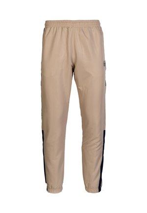 Beige lichtgewicht sportbroek met elastische tailleband, marineblauwe zijstrepen, taps toelopende benen en elastische manchetten bij de enkels.