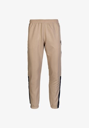 Beige leichte Sporthosen mit elastischem Bund, navyblauen Seitenstreifen, schmal zulaufenden Beinen und elastischen Bündchen an den Knöcheln.