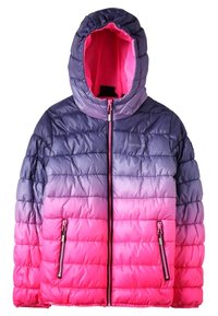 Vadderad jacka med en tvåtondesign som har en gradient från lila till rosa, huva, framdragkedja och sidofickor med dragkedjor.