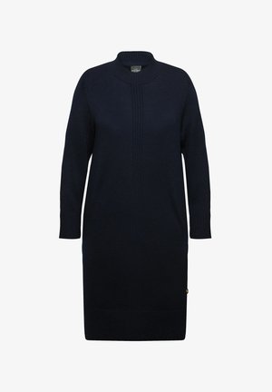 Marineblaues Strickkleid mit hohem Kragen, langen Ärmeln, gerippten Bündchen und geradem Schnitt. Verfügt über eine subtile vertikale Nahtdetails.