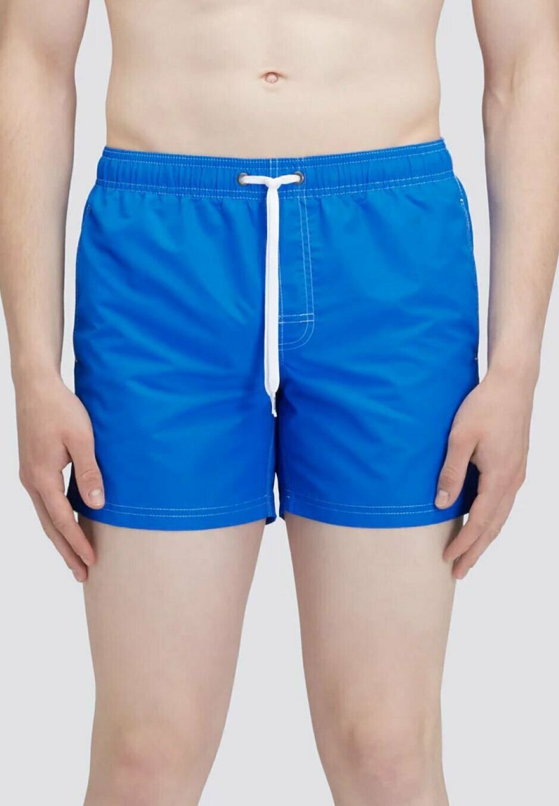 Blue swim shorts made from smooth, lightweight fabric. Features an elastic waistband with a white drawstring and white stitching accents.