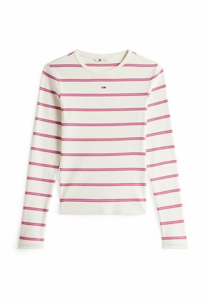 Crème-kleurig lang mouw rib shirt met dunne horizontale roze en paarse strepen en een klein rechthoekig logo in het midden bij de halslijn.