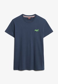 Donkerblauwe katoenen t-shirt met een ronde hals, korte mouwen en een klein groen geborduurd logo op de linkerkant van de borst.