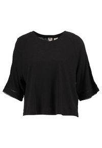 Svart kortärmad t-shirt i mjukt tyg med rund halsringning och vida korta ärmar med uppvikta muddars. Inga synliga mönster eller grafik.