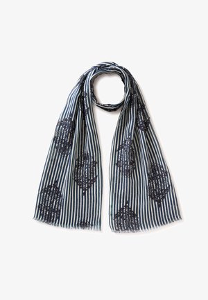 Lehký šátek s vertikálními námořnickými a bílými pruhy a velkými tmavě námořnickými květinovými vzory, položený naplocho s jedním koncem smotaným do smyčky.