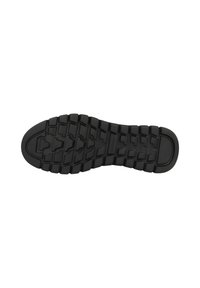 Suela de zapato de goma negra con superficie texturizada y patrón de taco angular. Presenta secciones elevadas para mayor agarre y estabilidad.