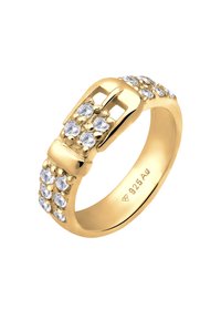 Goldring mit einer Schnallendesign, verziert mit klaren Kristallen entlang des Bands. Innen mit 925 markiert. Glatte Textur mit glänzender Oberfläche.