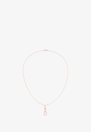 Collier en or rose avec une chaîne mince et un pendentif en forme d'infini orné de petits cristaux transparents.