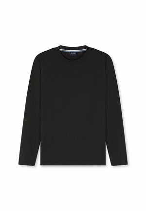 Schwarzes Langarmshirt mit Rundhalsausschnitt und kleinem Etikett im Kragen vor weißem Hintergrund.