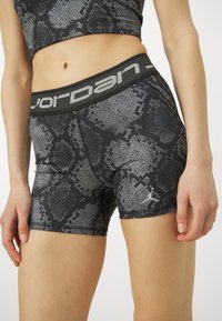 Juodos ir pilkos gyvatės odos rašto šortai su plačiu juodu juosmeniu, ant kurio yra užrašas "JORDAN" pilkos spalvos tekstu. Šonuose yra mažas logotipas.