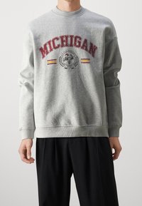 Šedá mikina s kulatým výstřihem, se velkým potiskem "MICHIGAN" v tmavě červené barvě a dekorativními prvky v žluté a černé. Klasický střih.