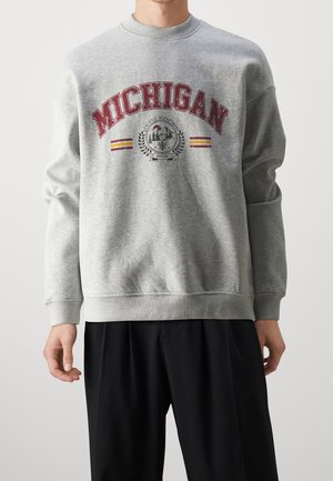 Šedá mikina s kulatým výstřihem, se velkým potiskem "MICHIGAN" v tmavě červené barvě a dekorativními prvky v žluté a černé. Klasický střih.