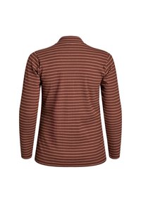 Brown long-sleeve top with horizontal beige stripes, made of ribbed fabric, featuring a rounded neckline and relaxed fit.