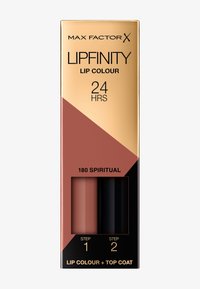 Max Factor X Lipfinity Color de Labios en una caja dorada y rosa. Contiene dos tubos: un color de labios nude y un top coat negro. Duración de 24 horas.