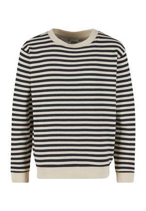 Pull à manches longues avec col rond, rayures horizontales noires et crème, poignets et ourlet côtelés sur fond blanc.