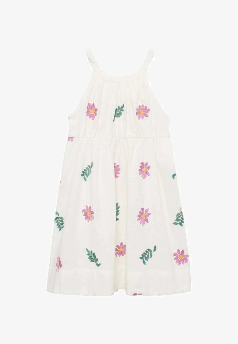 Rochie albă din bumbac, cu flori roz brodate și frunze verzi. Fără mâneci, cu un corset pliat și un design cu fusta evazată.