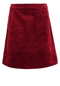 Minifalda de pana roja con cinturilla, bolsillo lateral y un patrón acanalado texturizado. Corte recto con una silueta en A.